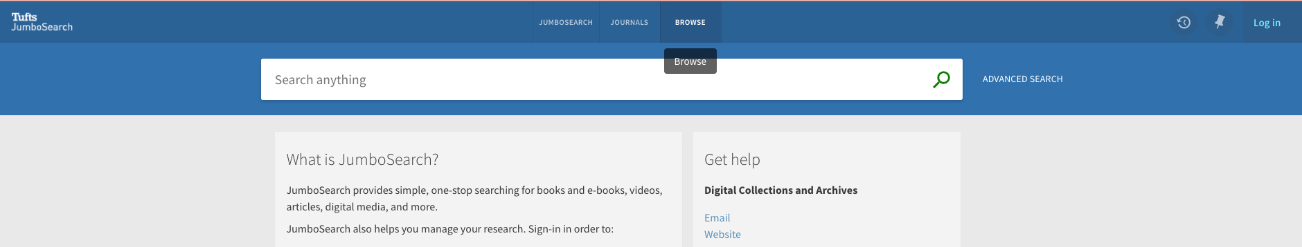 Image of JumboSearch homepage with the Browse link highlighted