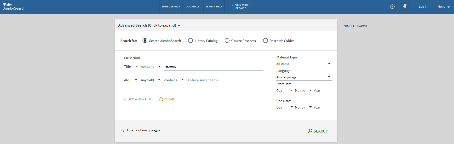 Screenshot of Advanced Search showing a search of Darwin using the parameters title and contains