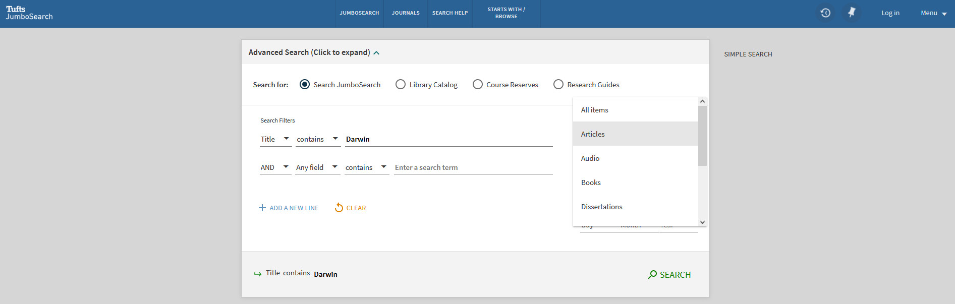 Screenshot of Advanced Search showing the use of search parameters